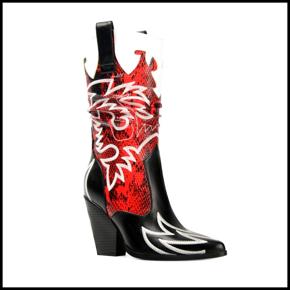 Mid Calf Cowboy Boots with Embroidery, Chunky Heel, Pointed Toe - Picture 1 of 7